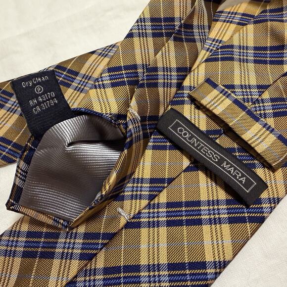 Countess Mara Silk Plaid Tie – Gold & Navy with Crown Crest - Picture 4 of 10